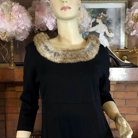 KAREN KANE BLACK KNIT DRESS WITH BROWN RABBIT FUR COLLAR (M) - Picture 8 of 15